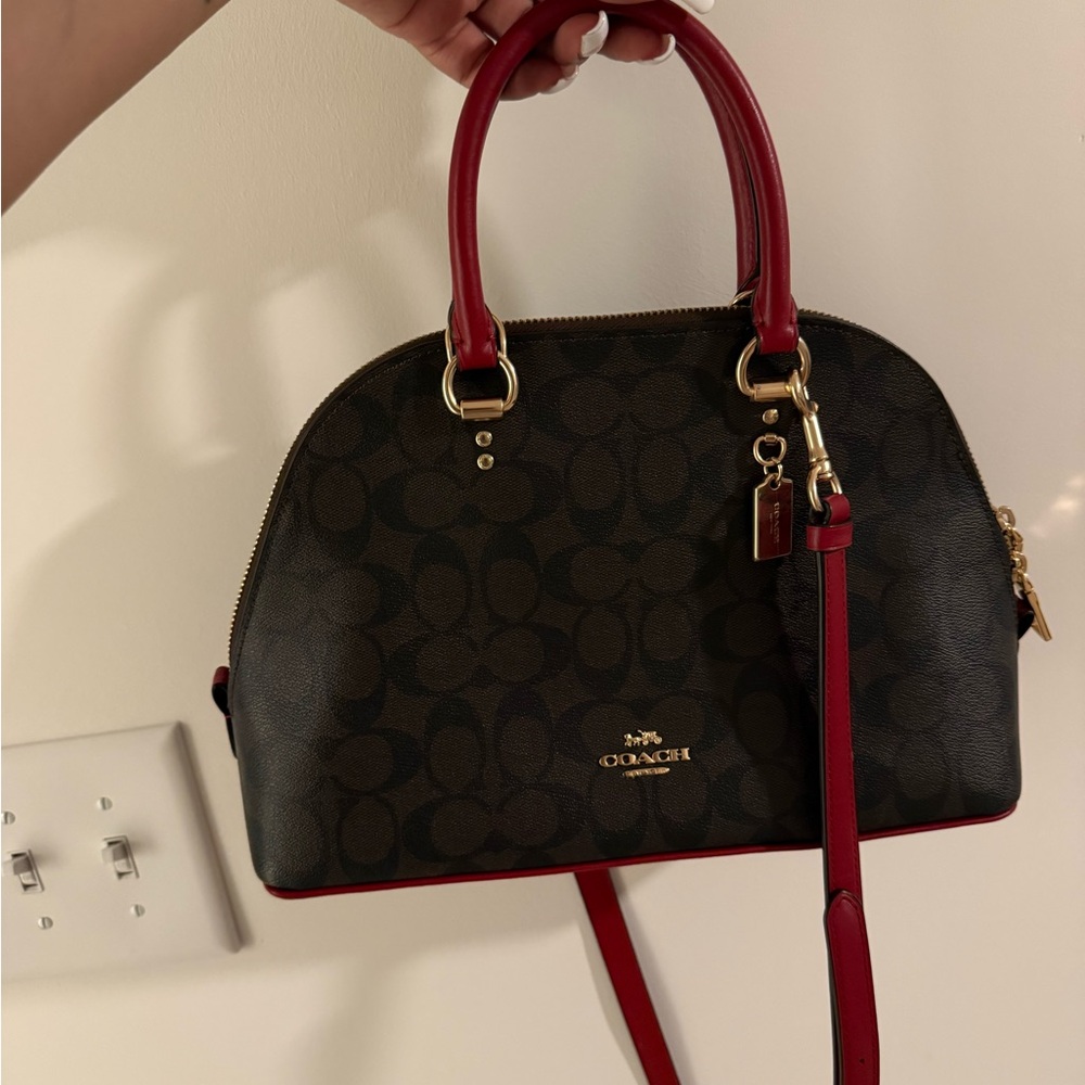 Coach Brown Signature Dome Satchel with Red Trim